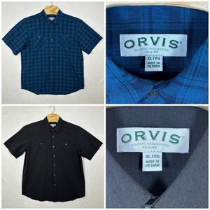 Orvis Button Down Shirts Mens XL Plaid Blue And Grey Solid Short Sleeve Lot of 2
